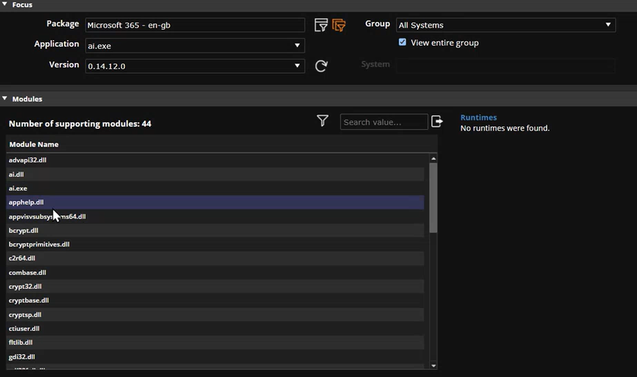 AppVision Modules showing number of supporting modules and Runtime information