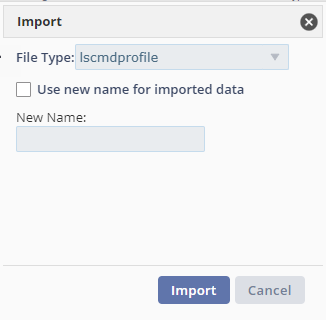 Click the Import button to open the Import box which includes file type and the option to use a new name for imported data.