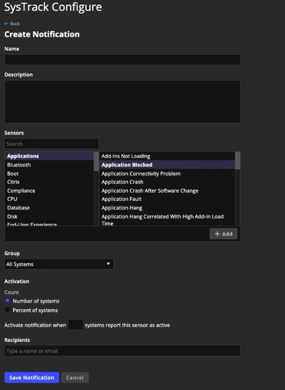 The page used to create a new sensor notification, with fields such as Name, Description, and Sensors