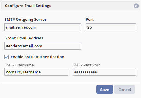 A pop-up with fields that must be filled out to configure an SMTP server