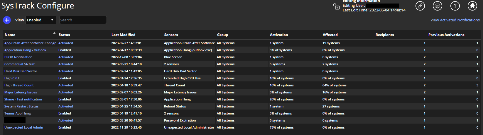 A page displaying details for all created sensor notifications