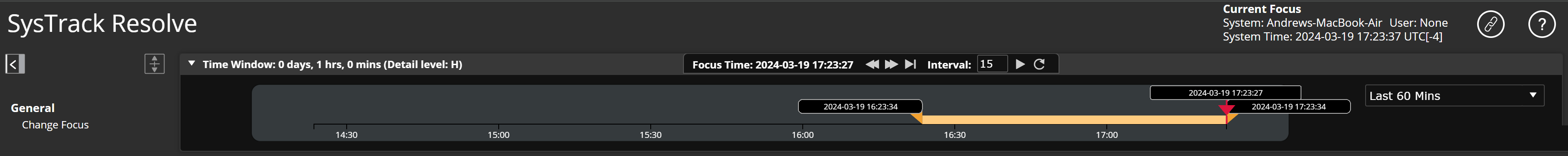 The Time Window section in Resolve, with the Focus Time marker and other options